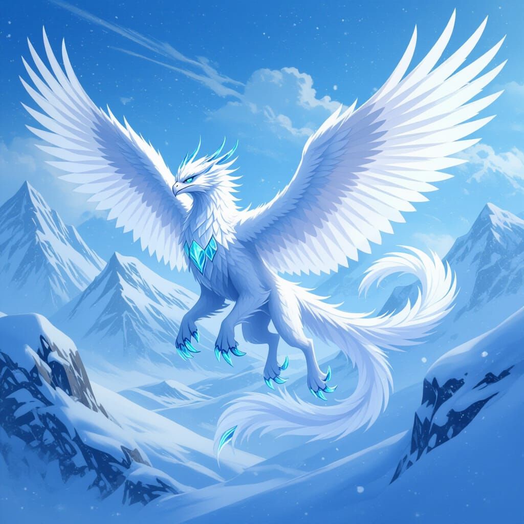 Majestic Ice Griffin Soaring Through Snowy Landscape - Anime...