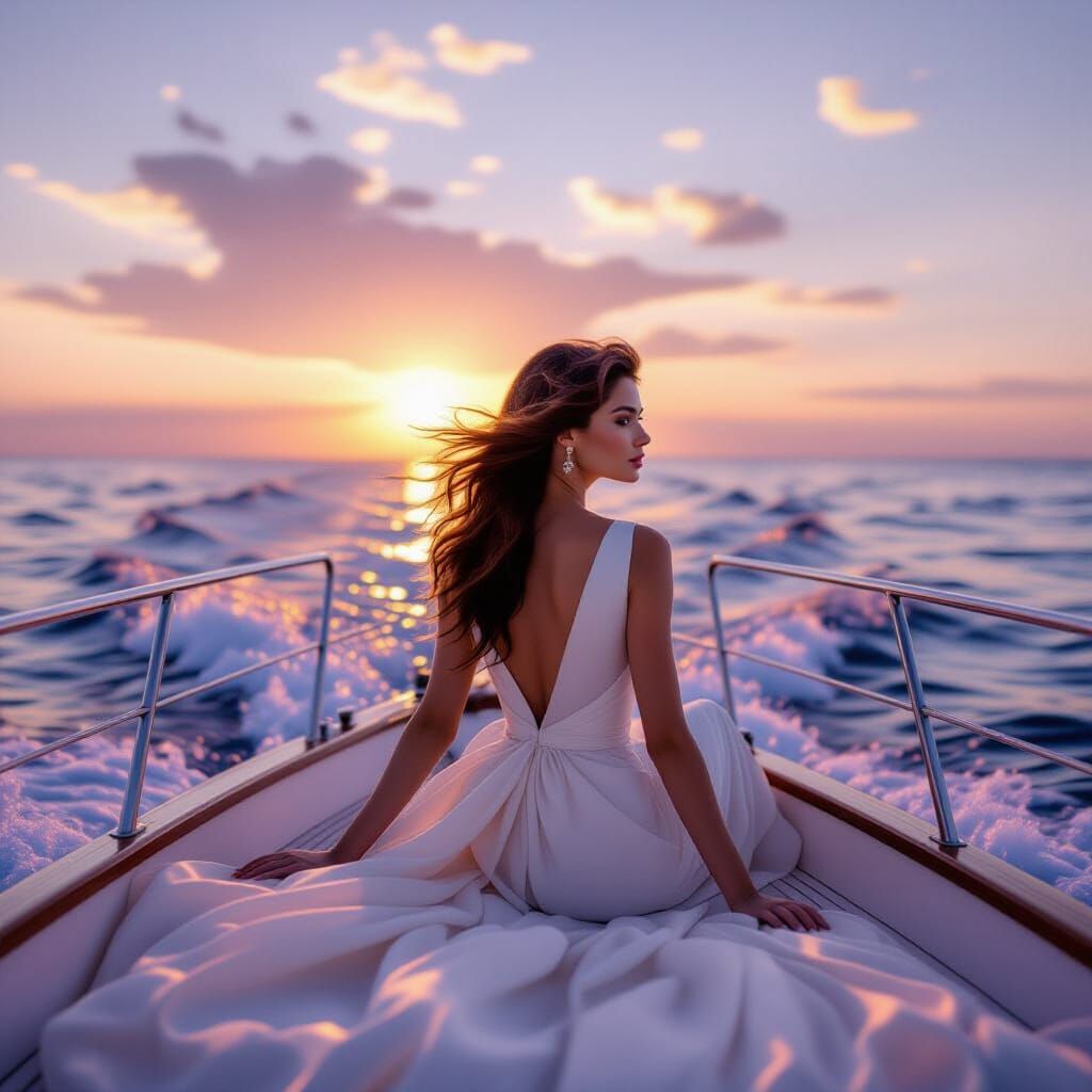 Brunette in Flowing Dress on Yacht at Sunset