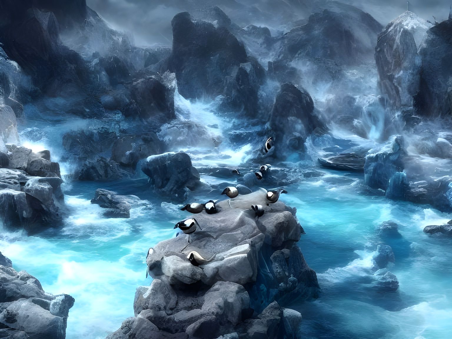 Penguins Rocking Headphones on Ice: Digital Painting