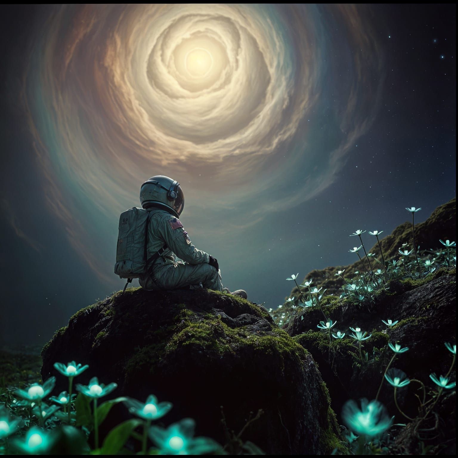 Astronaut Gazing at Nebulae in Alien Forest