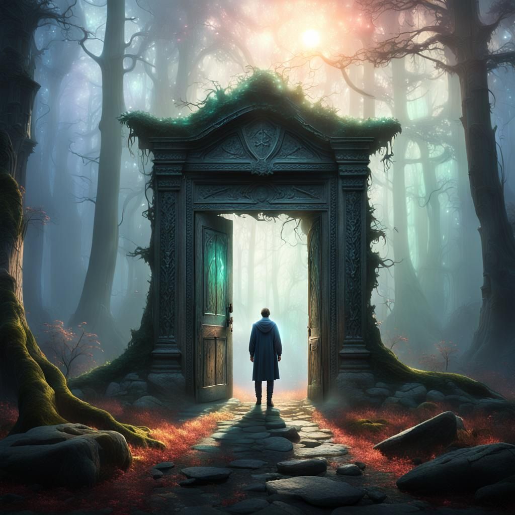 Mysterious Door in Foggy Forest: Fantasy Concept Art