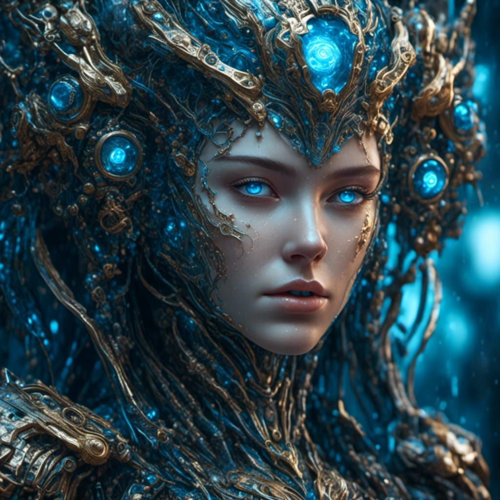 Pregnant Robot Girl with Icy Hair, Hyperreal Art