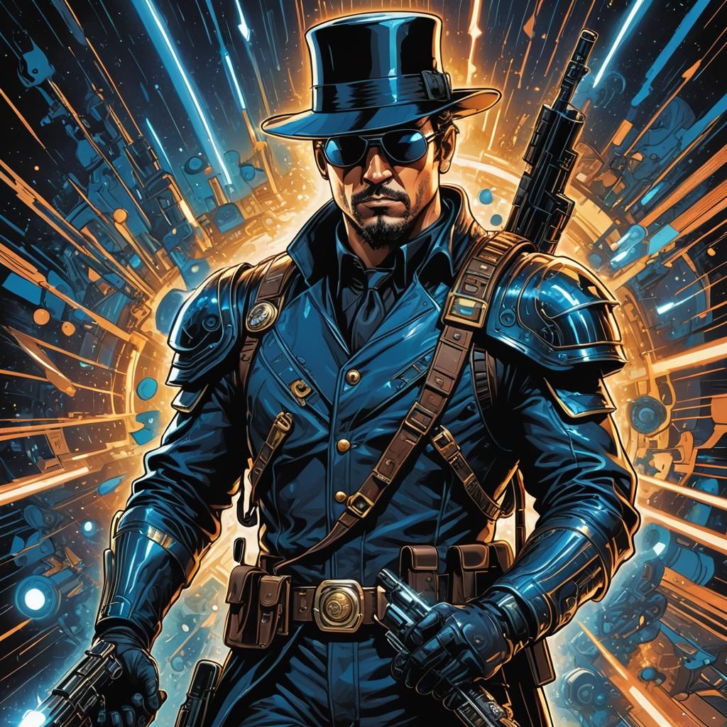 Futuristic Comic Book Art: Armored Man with Laser Rifle