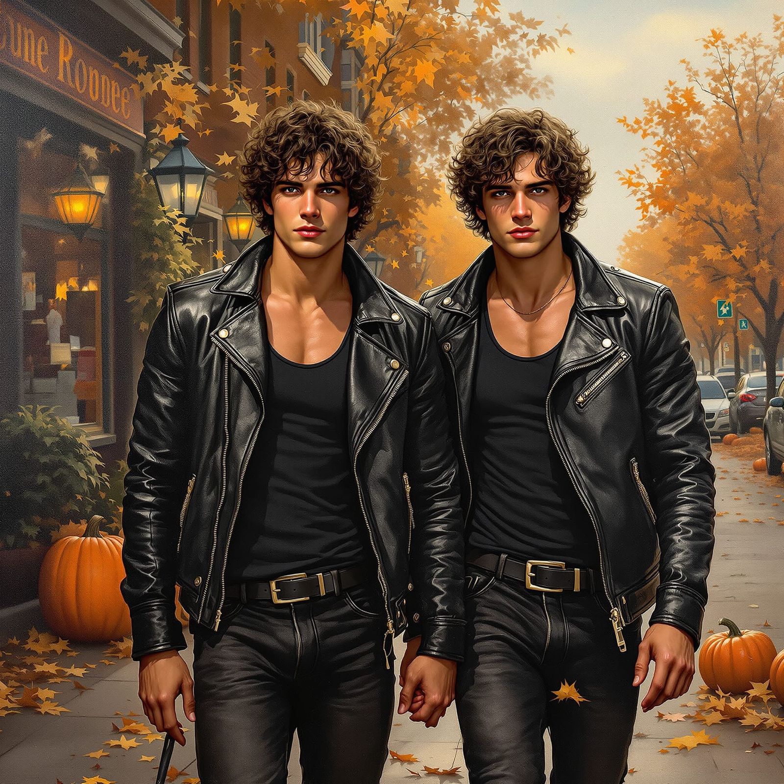 Twin Brothers Walk Autumn Street in Impressionist Style