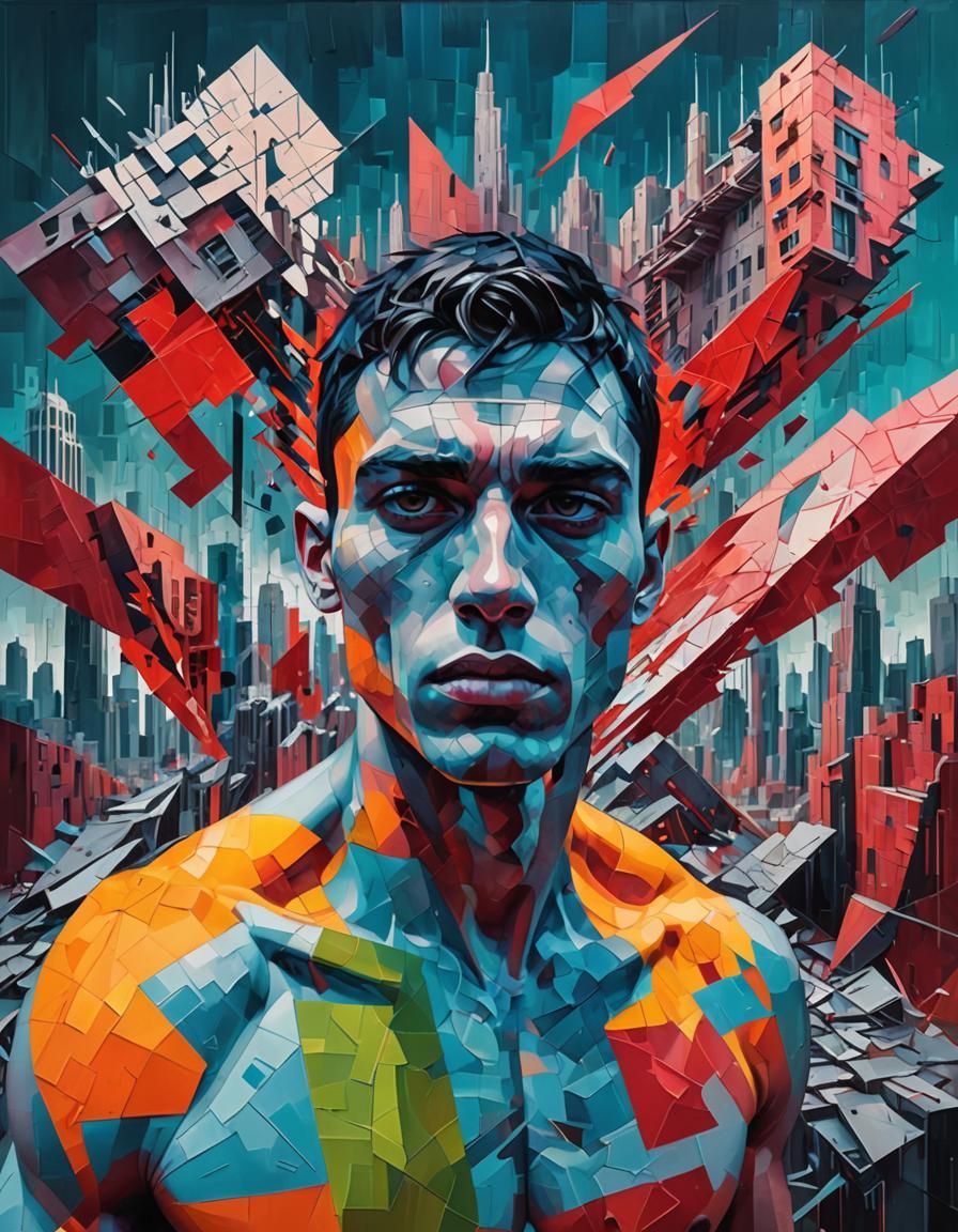 Glitched Cubist Portrait in a Surreal Landscape