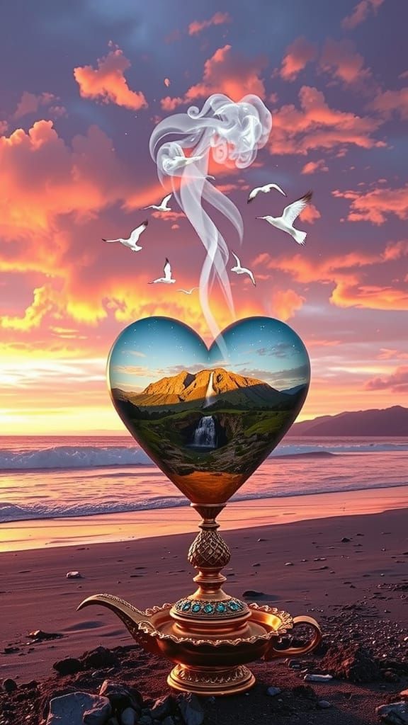 Gemstone Lamp on Beach at Sunset, Romantic Style