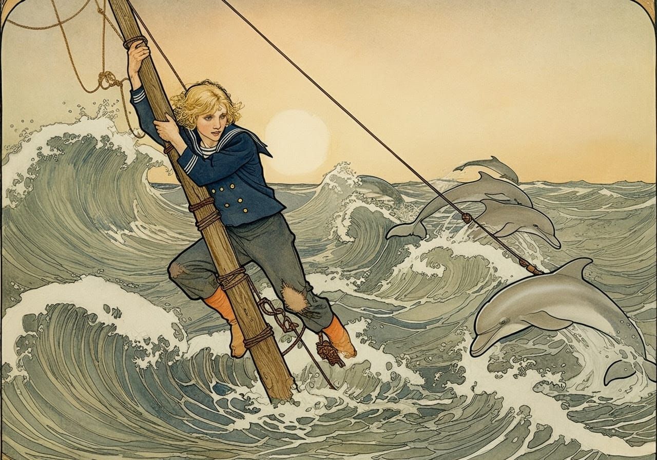 Sailor Encouraged by Dolphins in Rackham Style