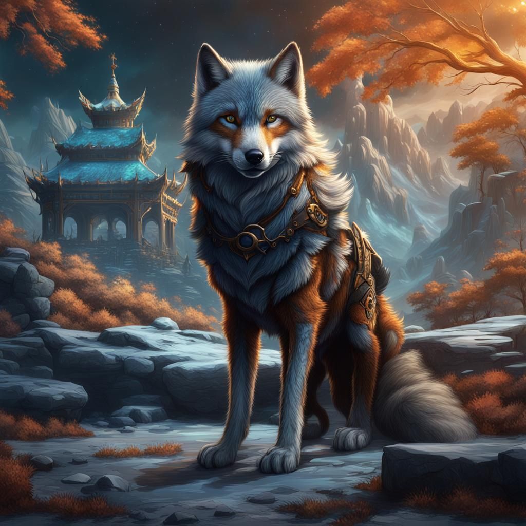Fantastical Wolf-Fox Hybrid in Detailed Digital Painting