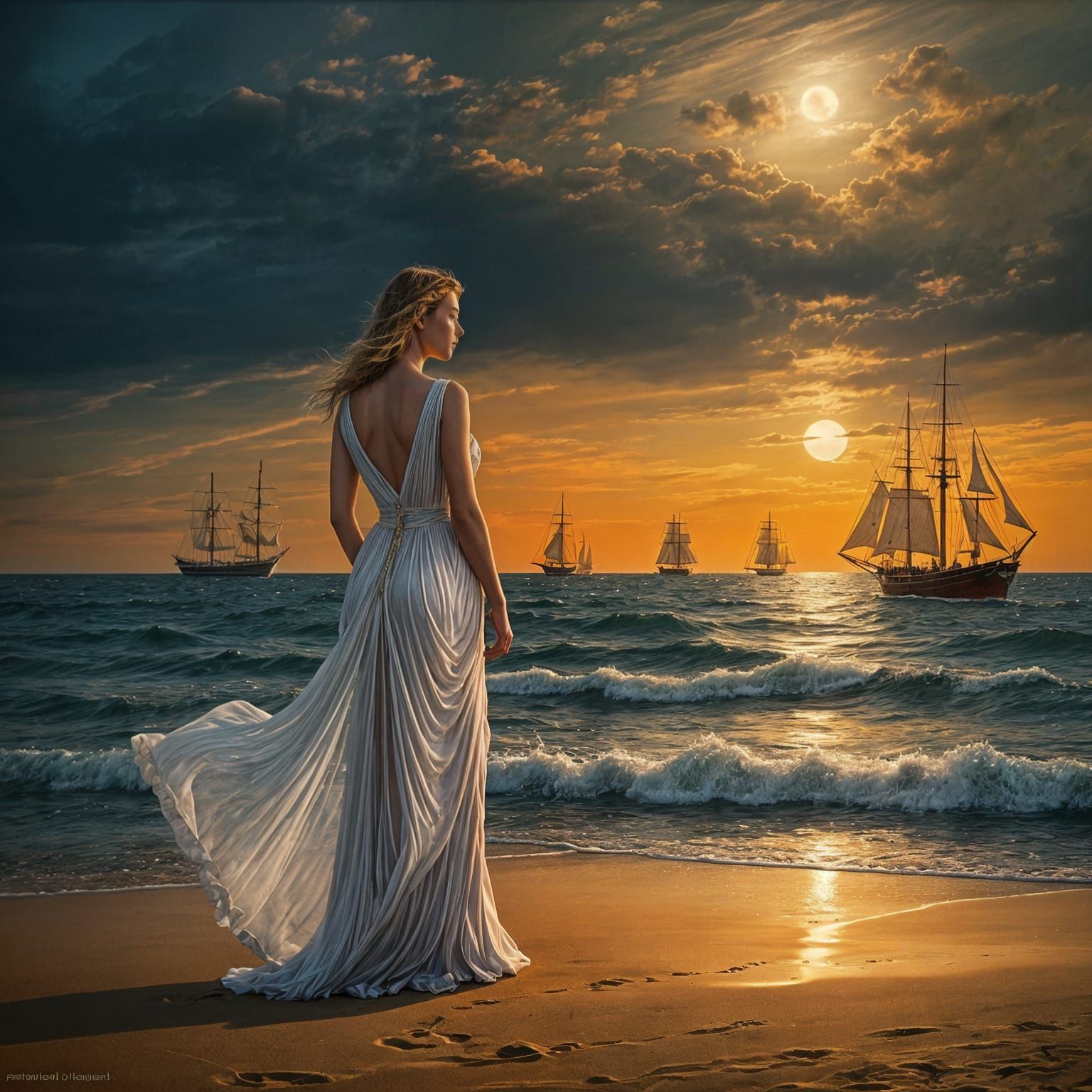 Romantic Seascape with Lover on Golden Sands