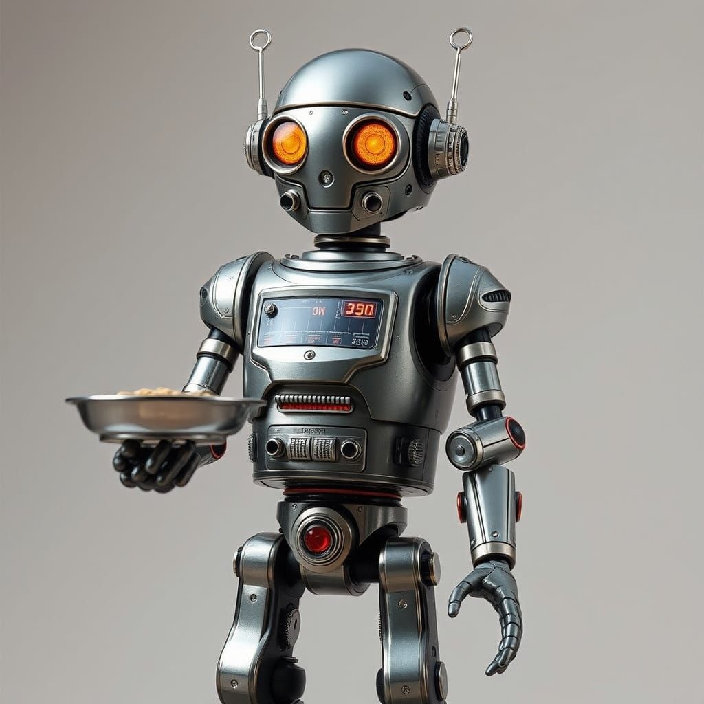 Robot Serving in Retrofuturistic Scifi Style