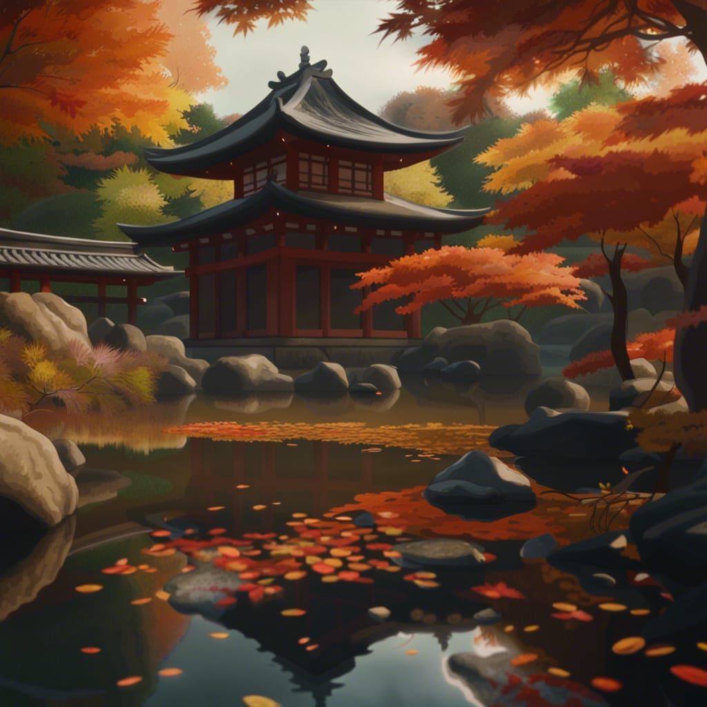 Autumn Kyoto Japanese Garden in Vibrant Colors