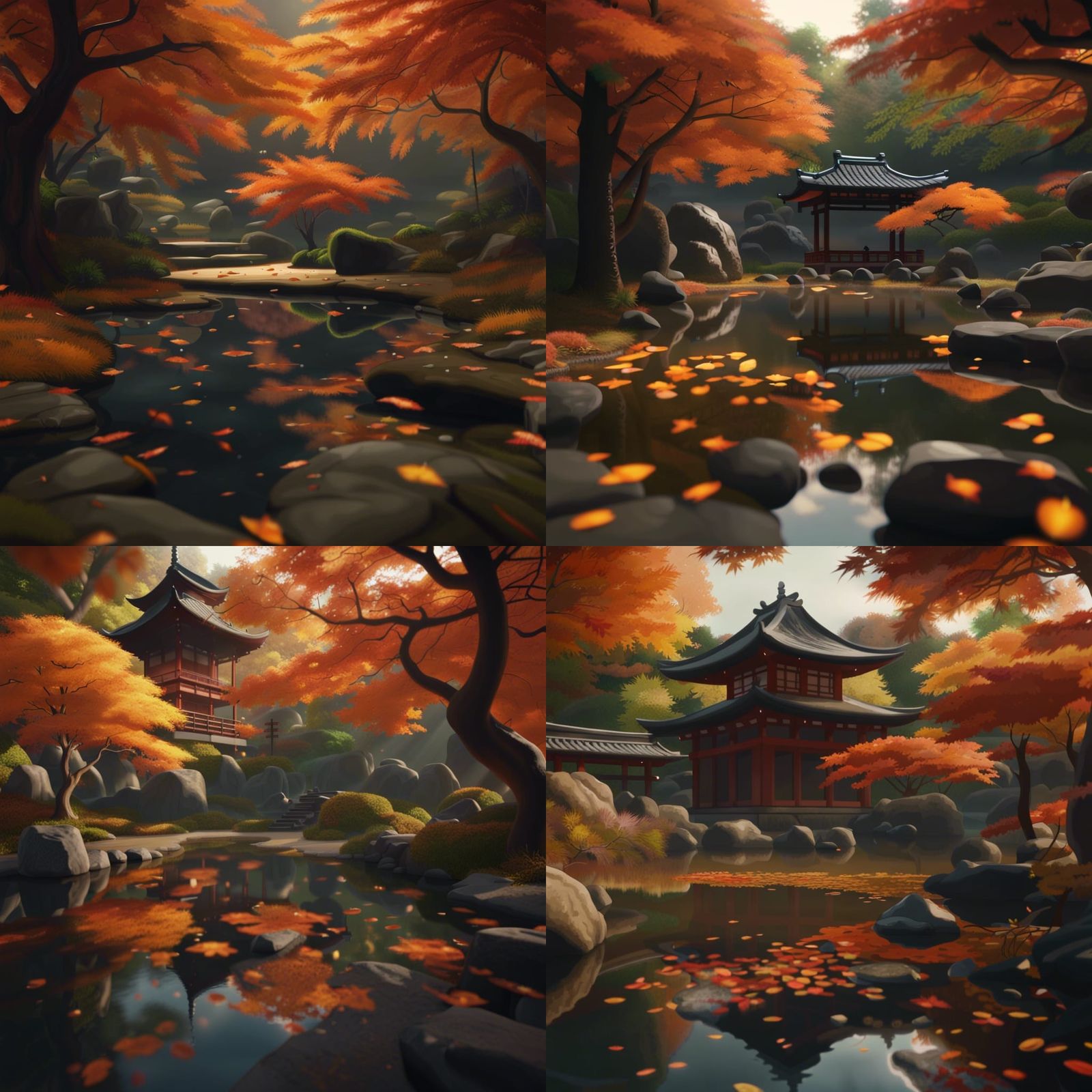 Mystic Autumn Kyoto Garden with Fireflies