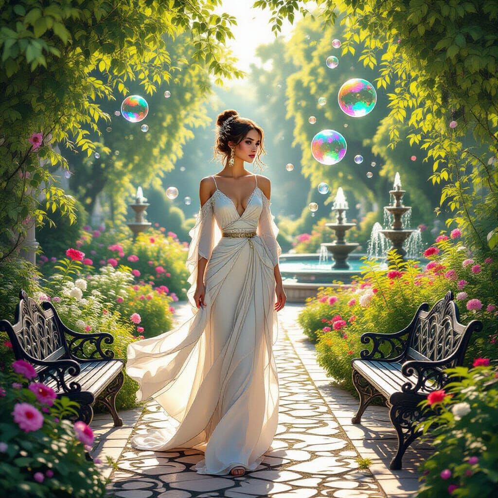 Enchanting Garden Scene with Luminous Figure