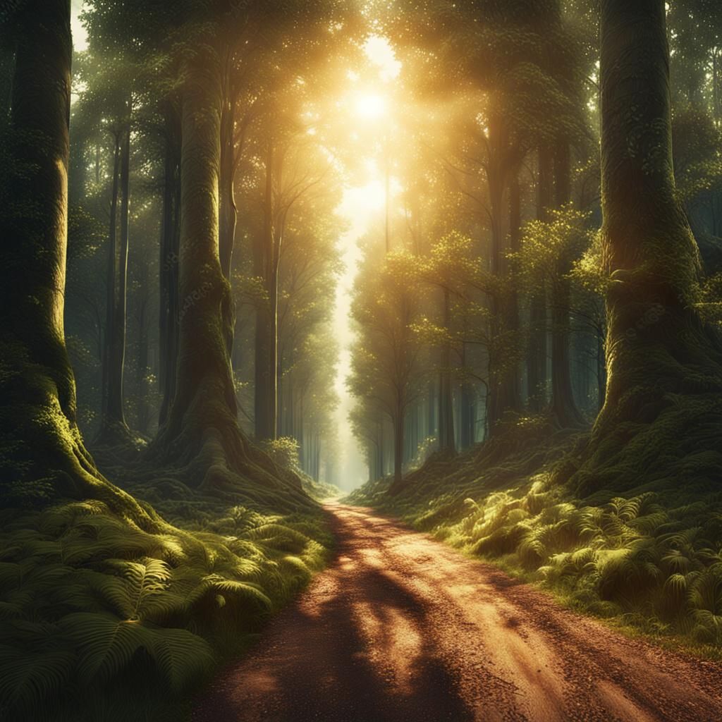 Sunlit Forest Road: Digital Matte Painting