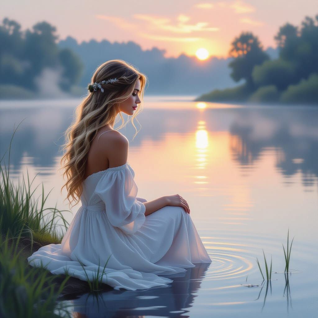 Serene Woman by Tranquil Lake at Dawn, Impressionist Style