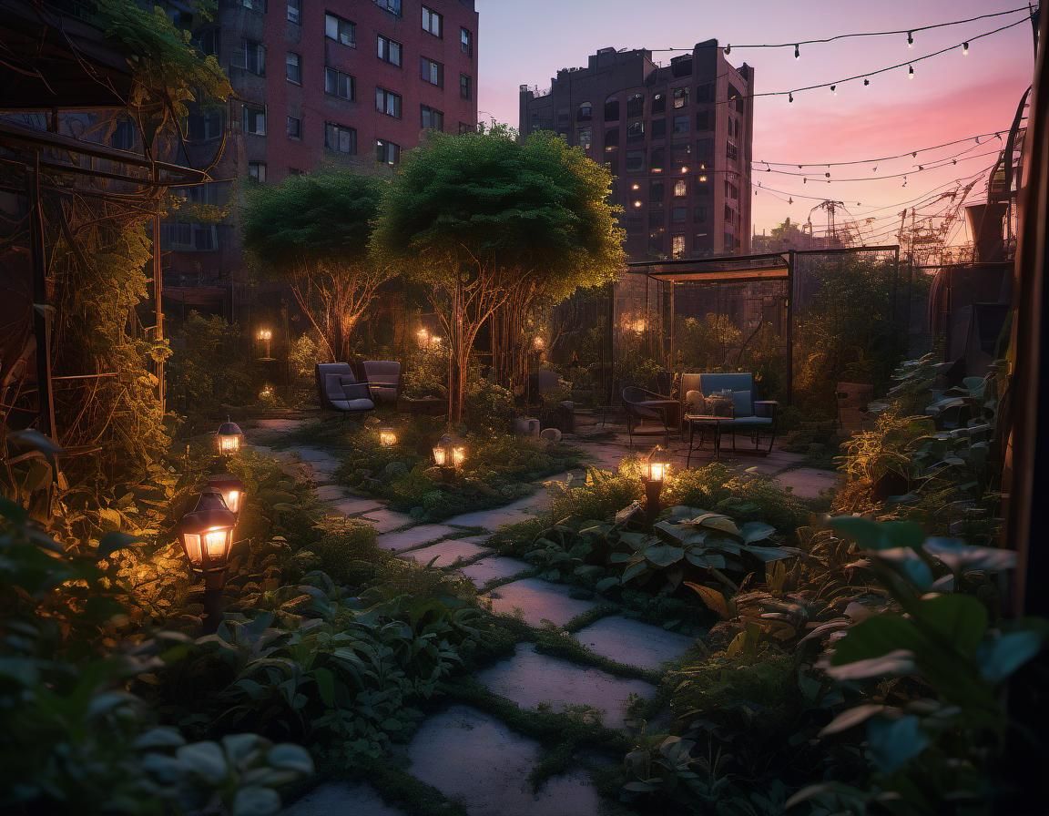 Garden Oasis Amid Urban Dystopia at Magic Hour