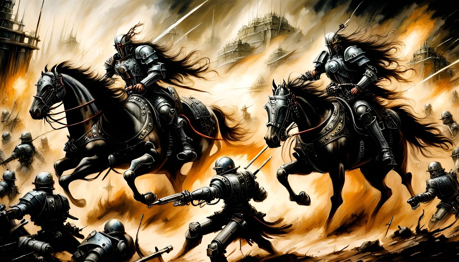 Cavalry Charge Against Mechs in Dark Fantasy Style