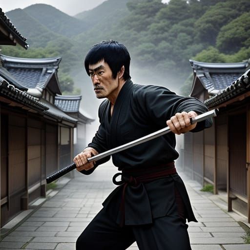 60-year-old Bruce Lee in a village in 16th century Japan pla...