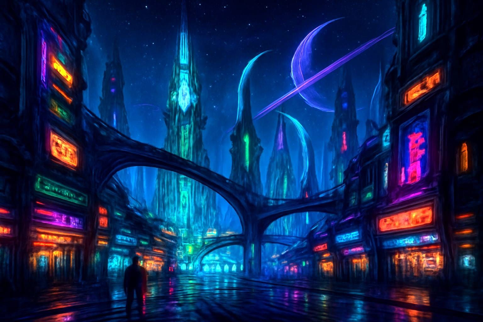 Futuristic Fantasy Cityscape in Cyberpunk Style
