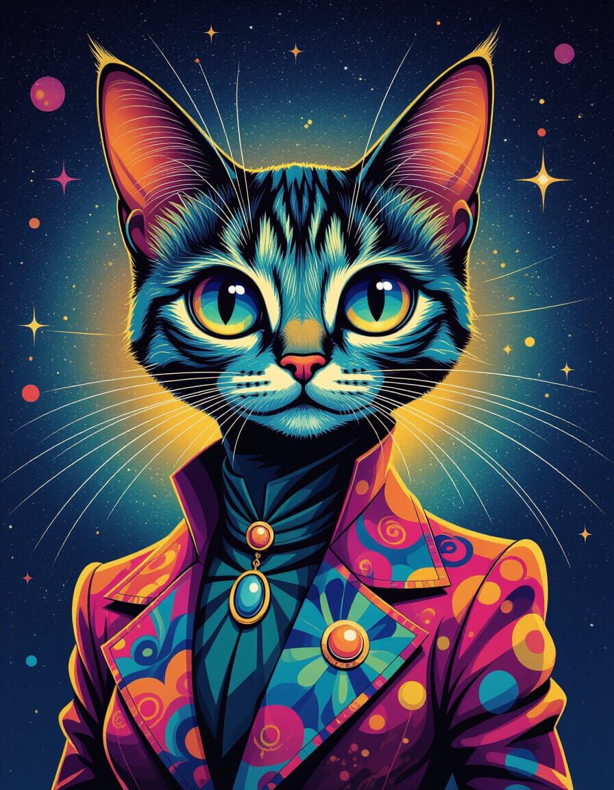 Abstract Cat in Atomic-Era Outfit in Splash Art Style