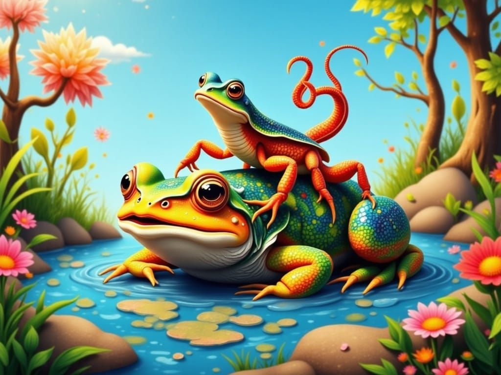 Animated Frog and Scorpion in Sunny Pond