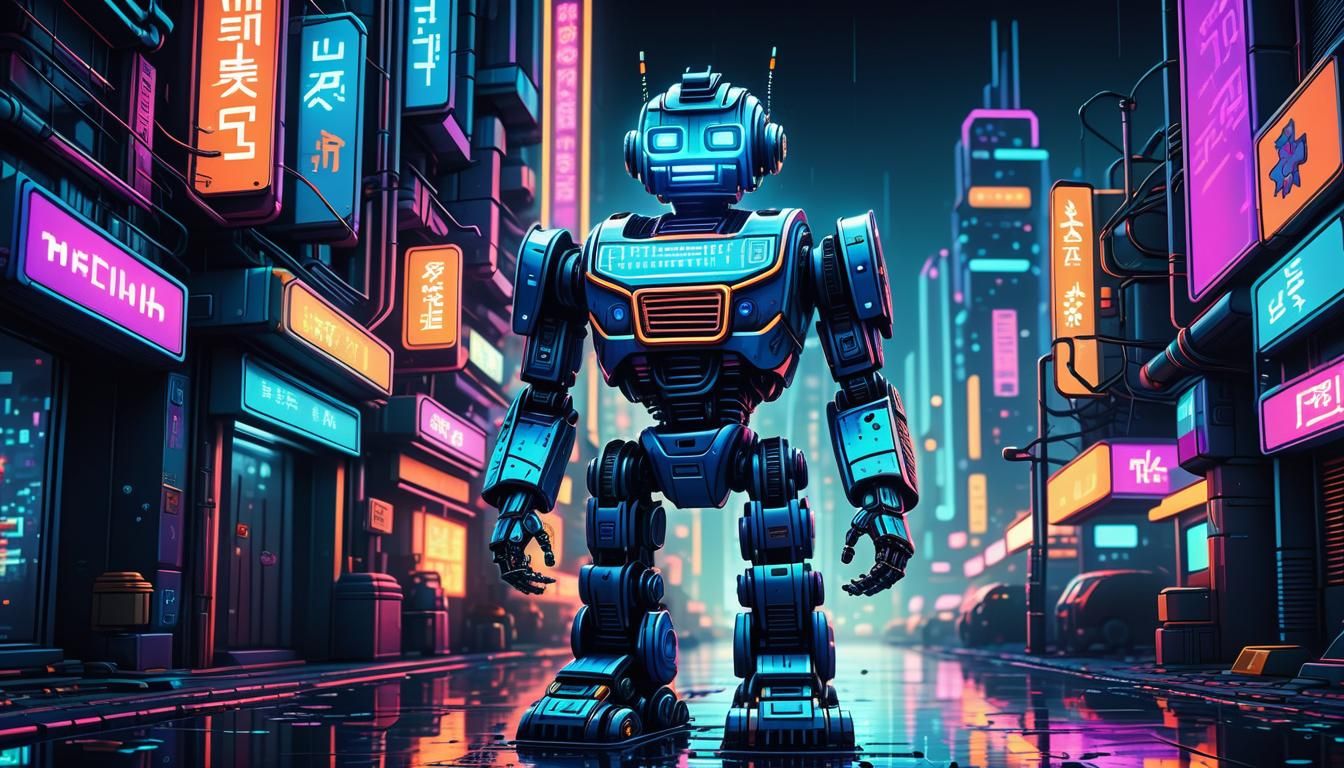 Futuristic Robot in Neon Cityscape: Pixel Art
