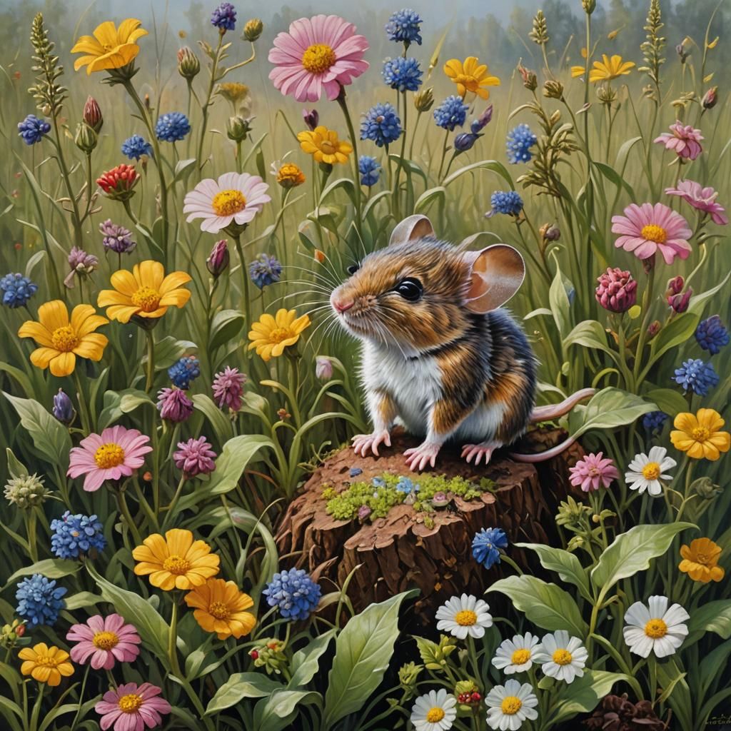 Mouse in Detailed Flower Meadow, Oil Painting Style