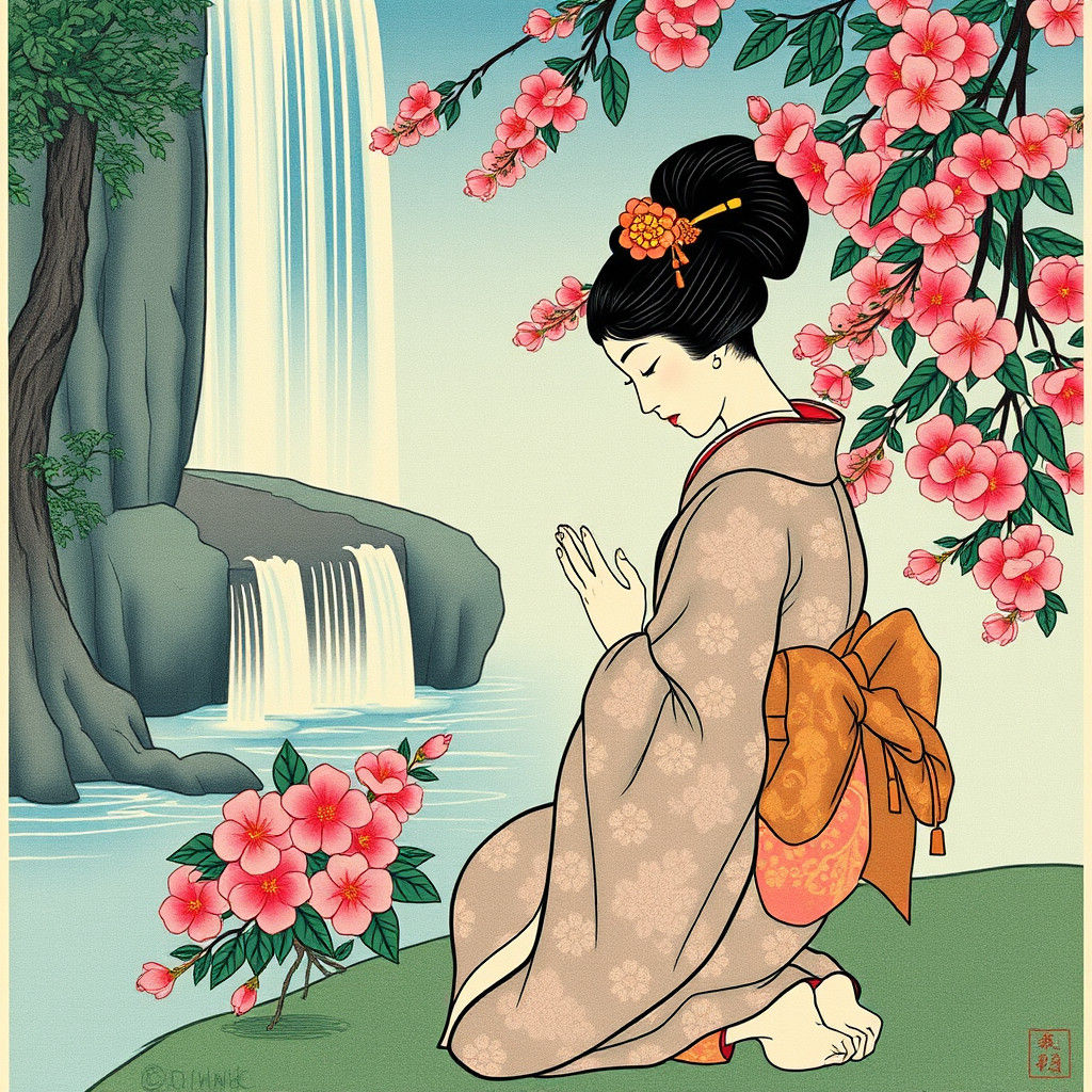 Mourning Geisha by Waterfall: Ukiyo-e Style