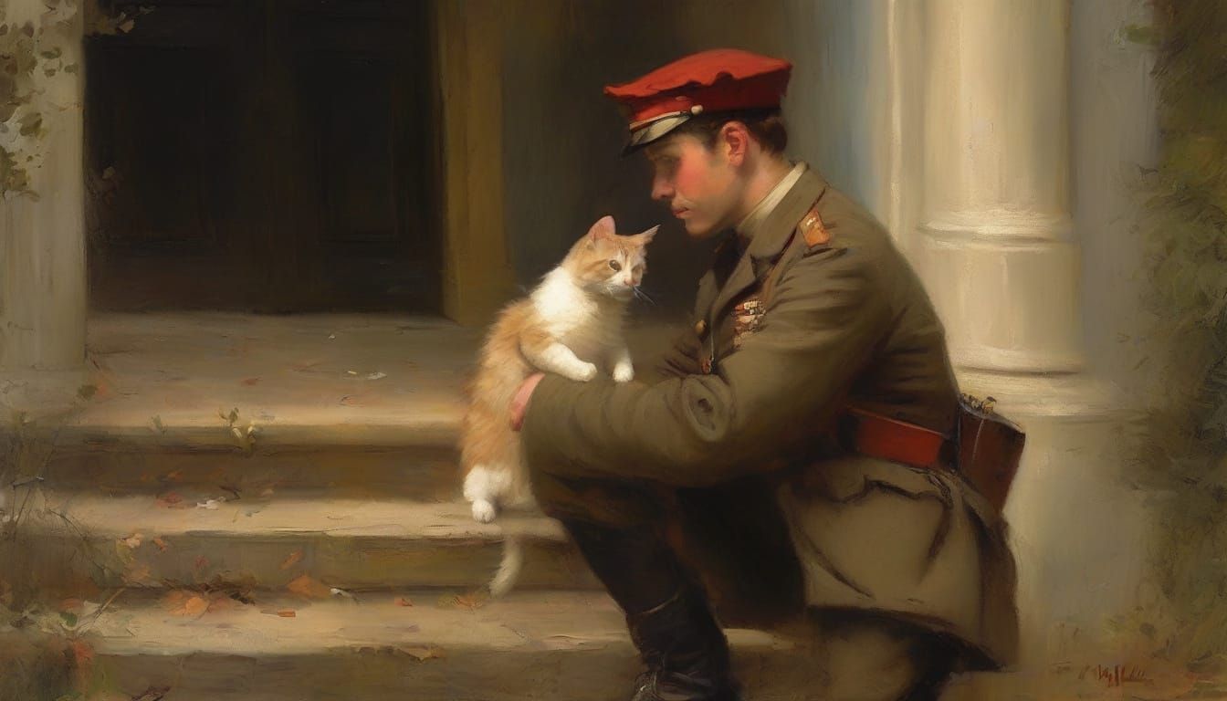 Tender Moment of a Soldier and Cat in Warm Sunset Light