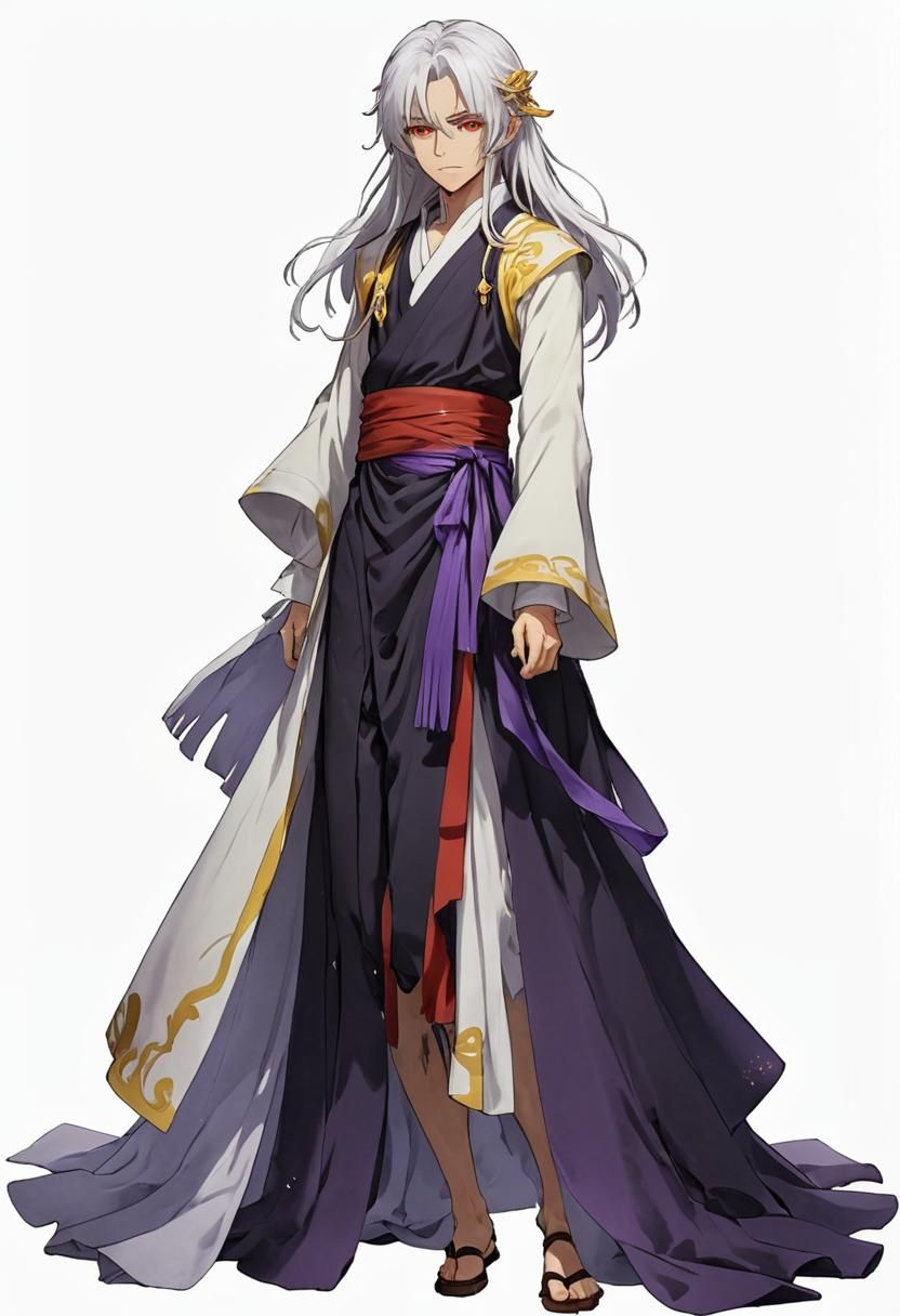 A boy with long, white hair that has strands of red in it. H...