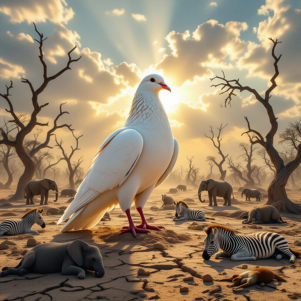 Colossal White Dove Over Barren Landscape
