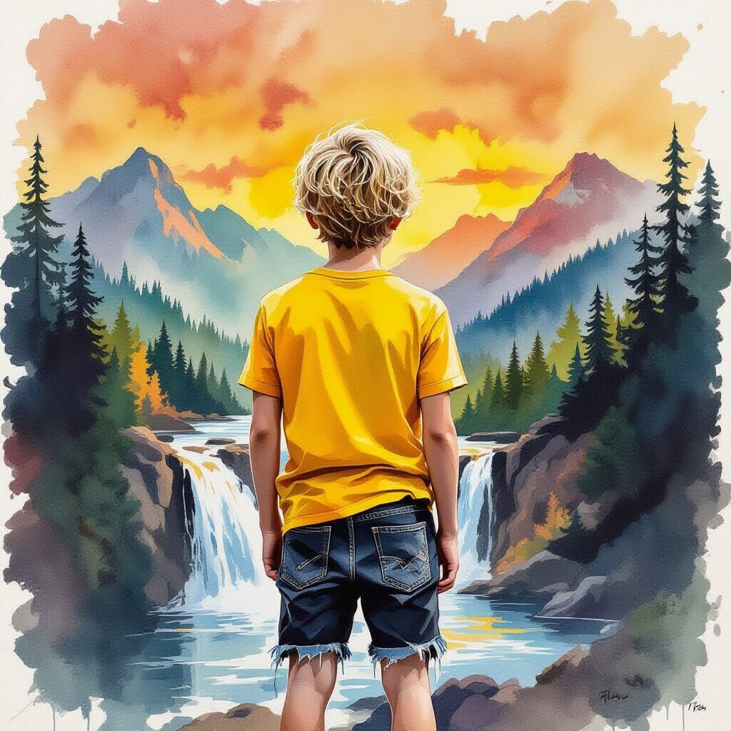 Boy by Waterfall in Colorful Ink Painting Style