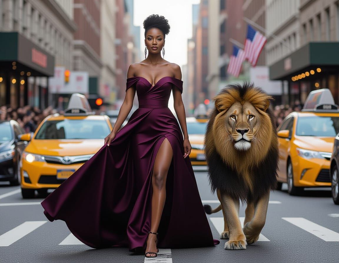 Elegant Woman and Lion Stroll Through New York City