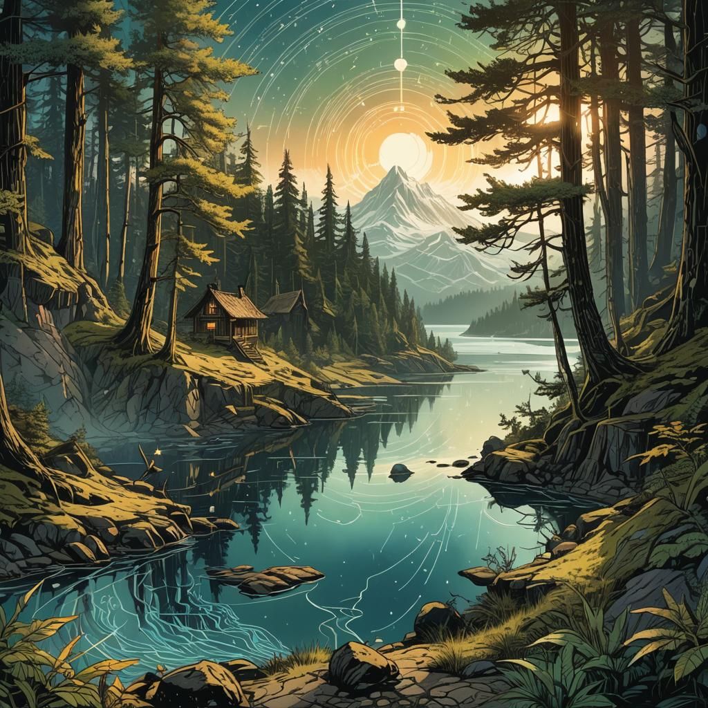 Skyrim Lake at Dawn Diagram in Retro Style