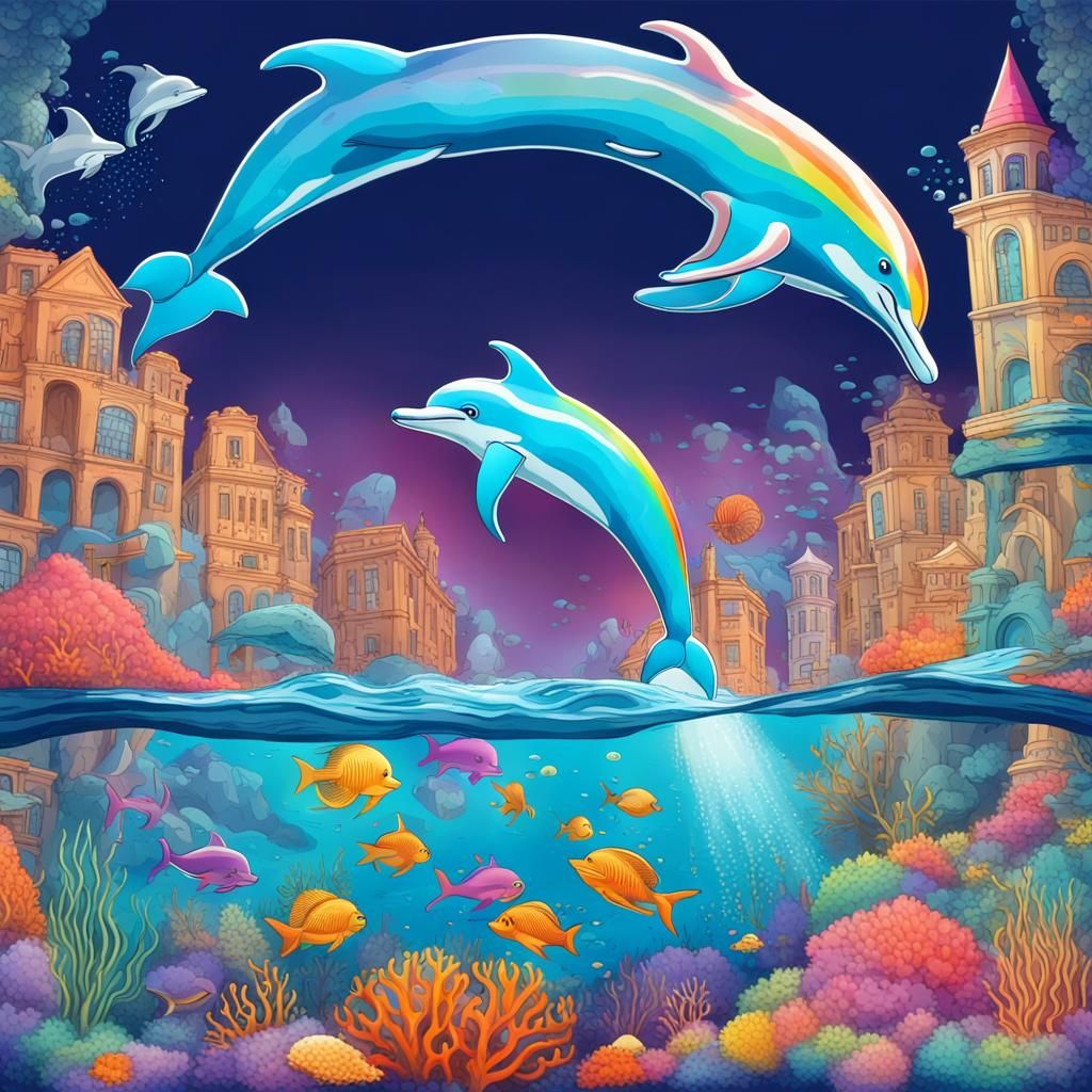 Underwater City with Dolphins, Mermaid, and Rainbow