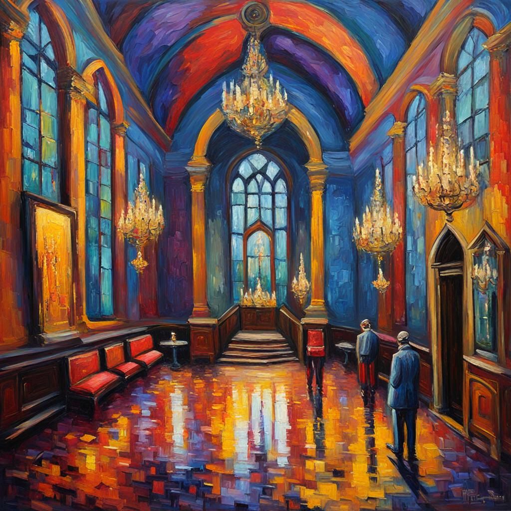 Gothic Palace Party in Expressionist Oil Painting