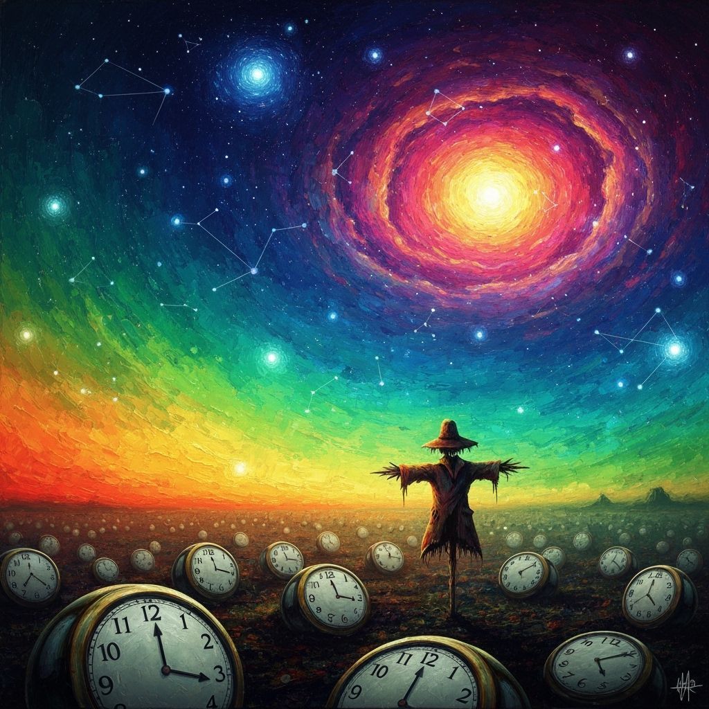 Surreal Scarecrow Landscape with Melting Clocks