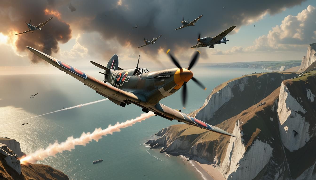 Spitfire Engages Messerschmitt over Dover Cliffs