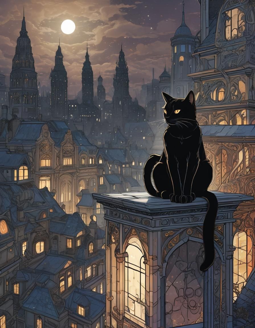 Moebius-Inspired Cat in Sci-Fi Art Nouveau City