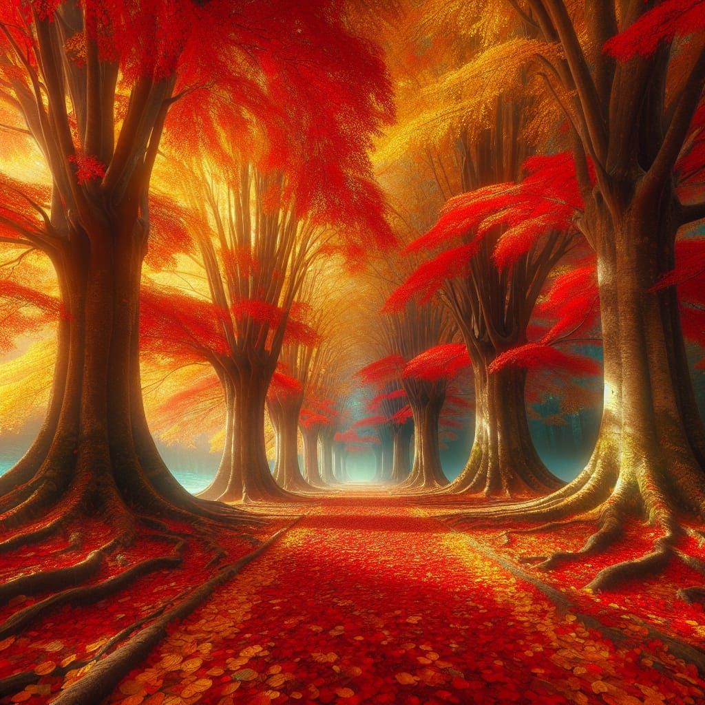 Autumn Path Through Vibrant Forest in Maximalist Style