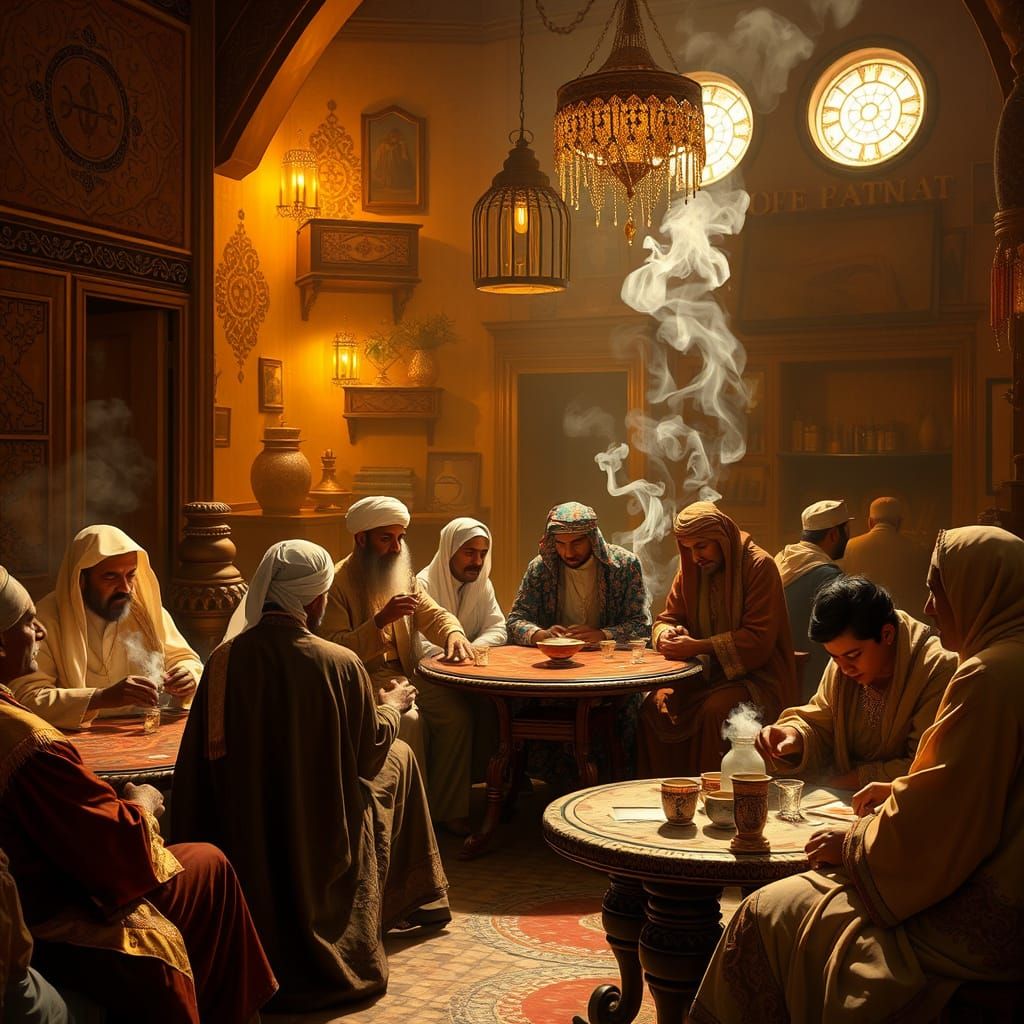 Golden Oasis: Traditional Arab Coffee House in Marrakesh, 19...