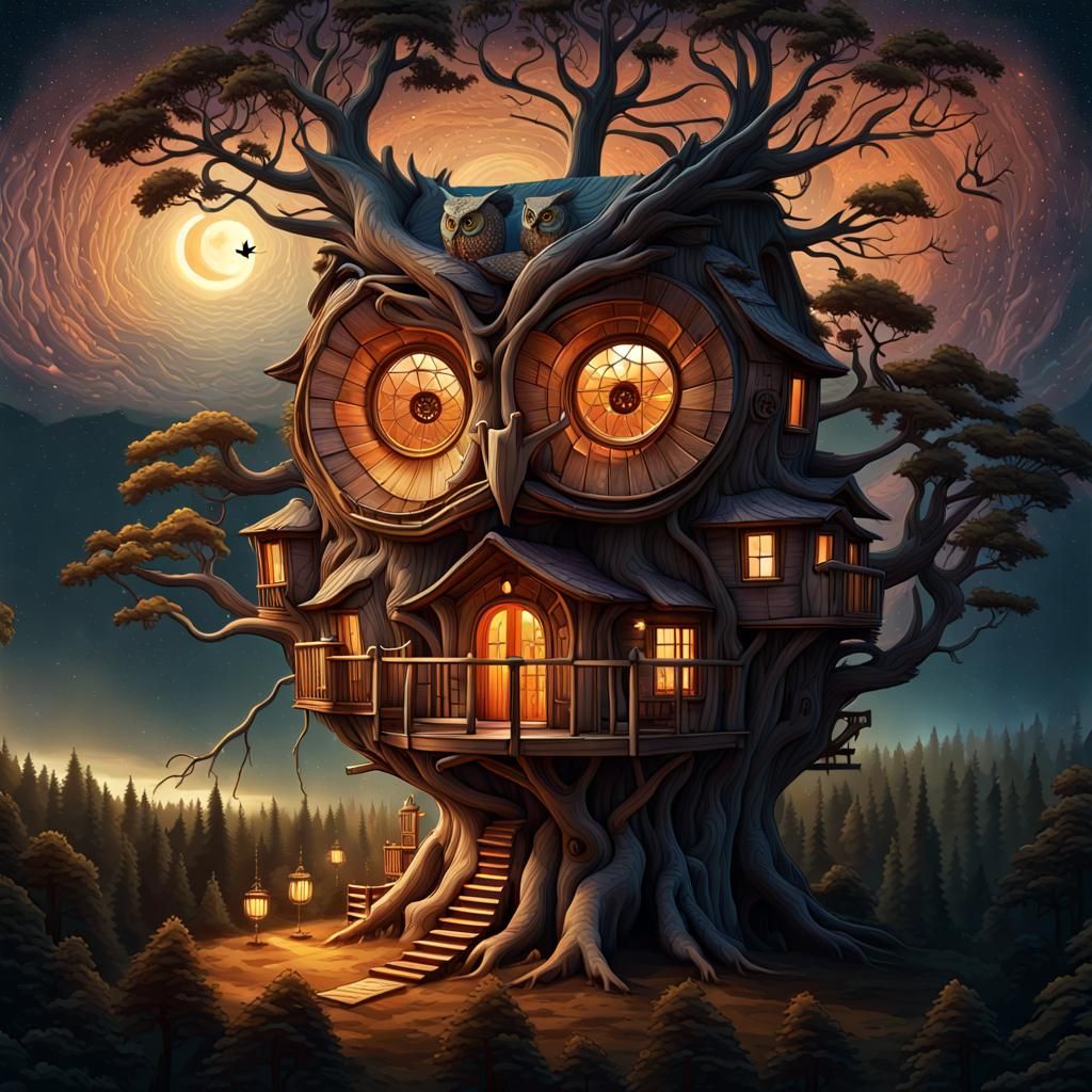 Fantastical Owl Treehouse Against Galactic Sky