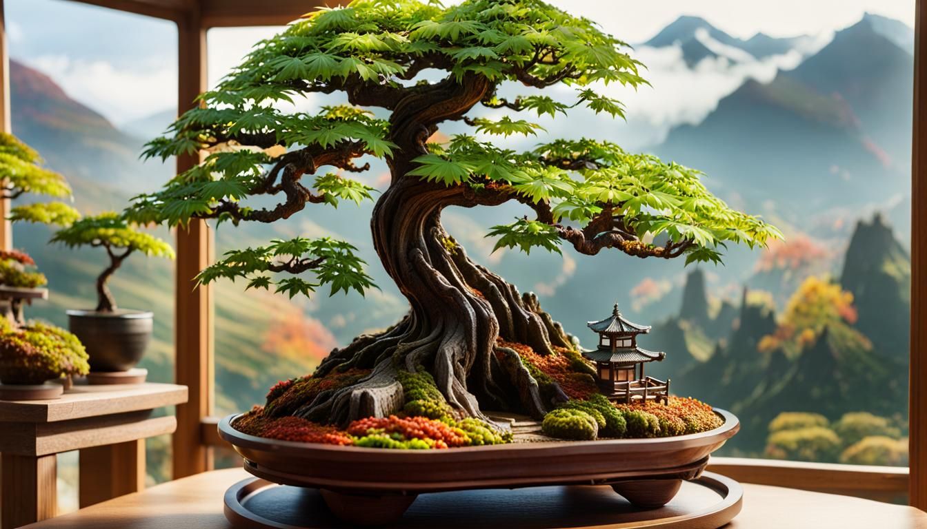 Miniature Treehouse with Autumn Acer Bonsai, Hyperrealistic