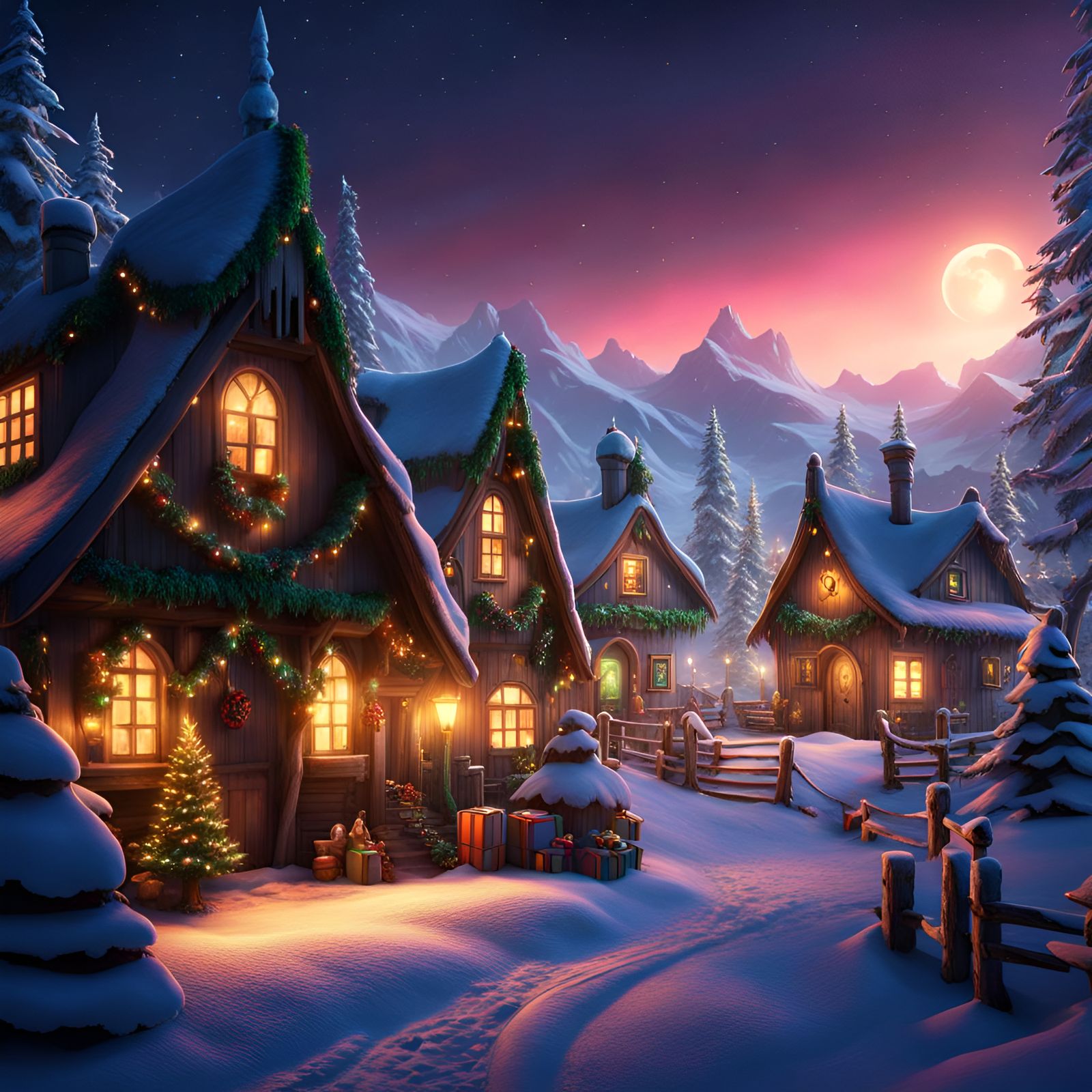Christmas Village with Elves and Northern Lights