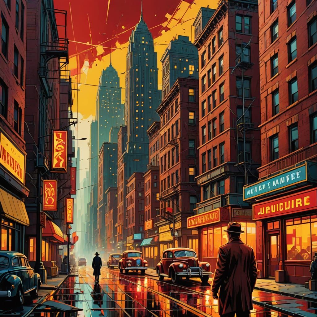 Noir Cityscape in Retro Futuristic Style