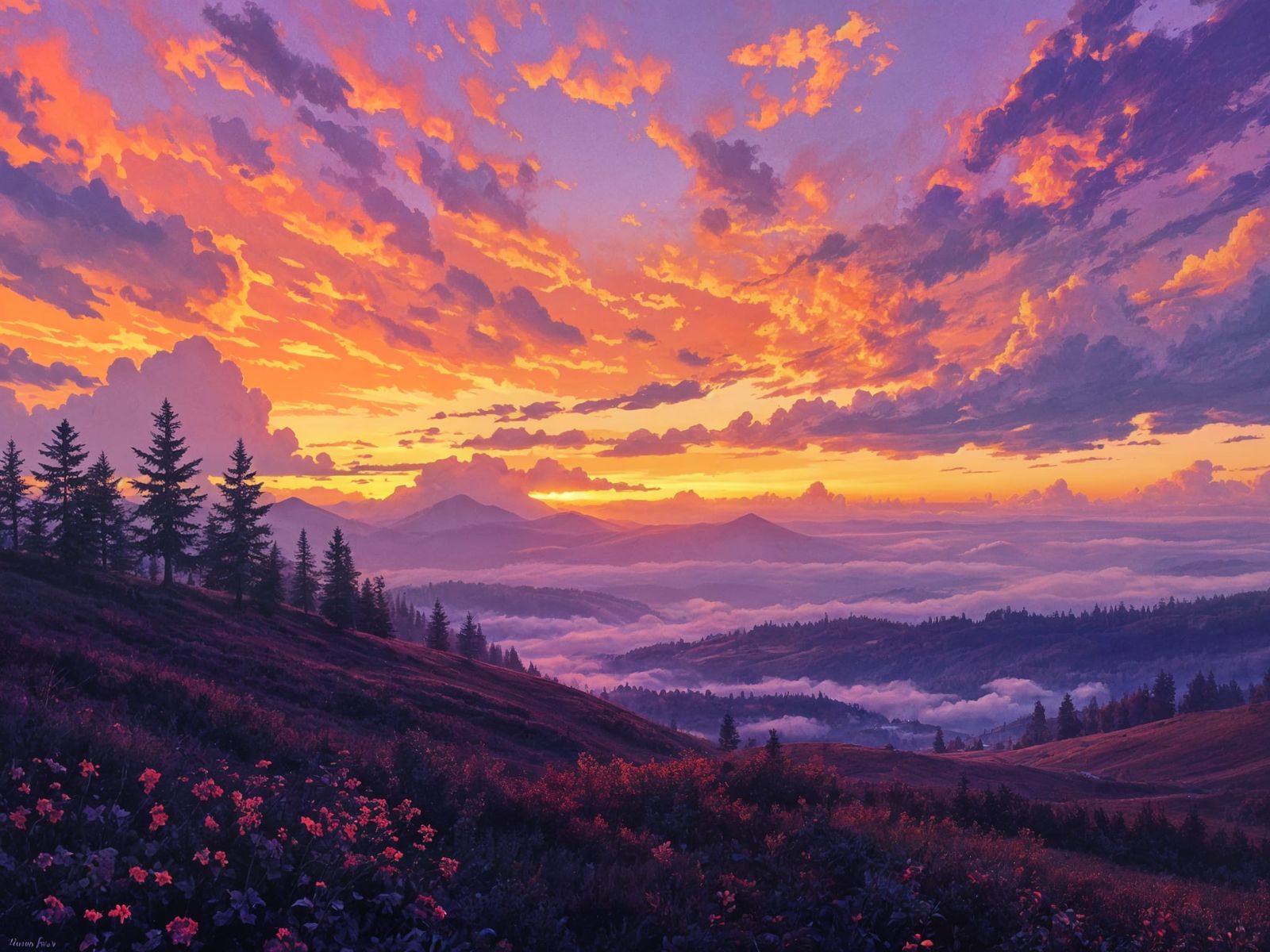 Vibrant Autumn Sunset Painting