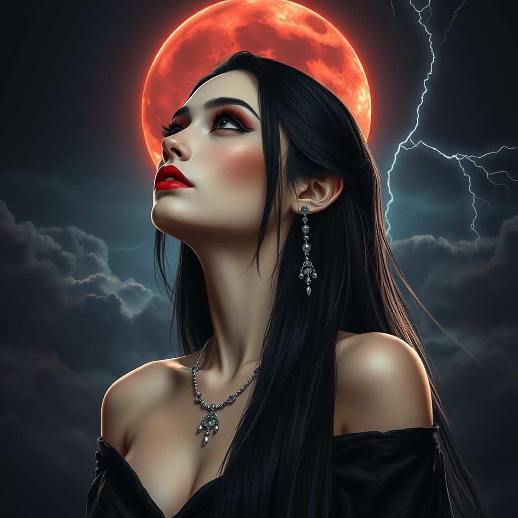 Ethereal Goddess with Black Hair and Red Lips in Moonlit Nig...