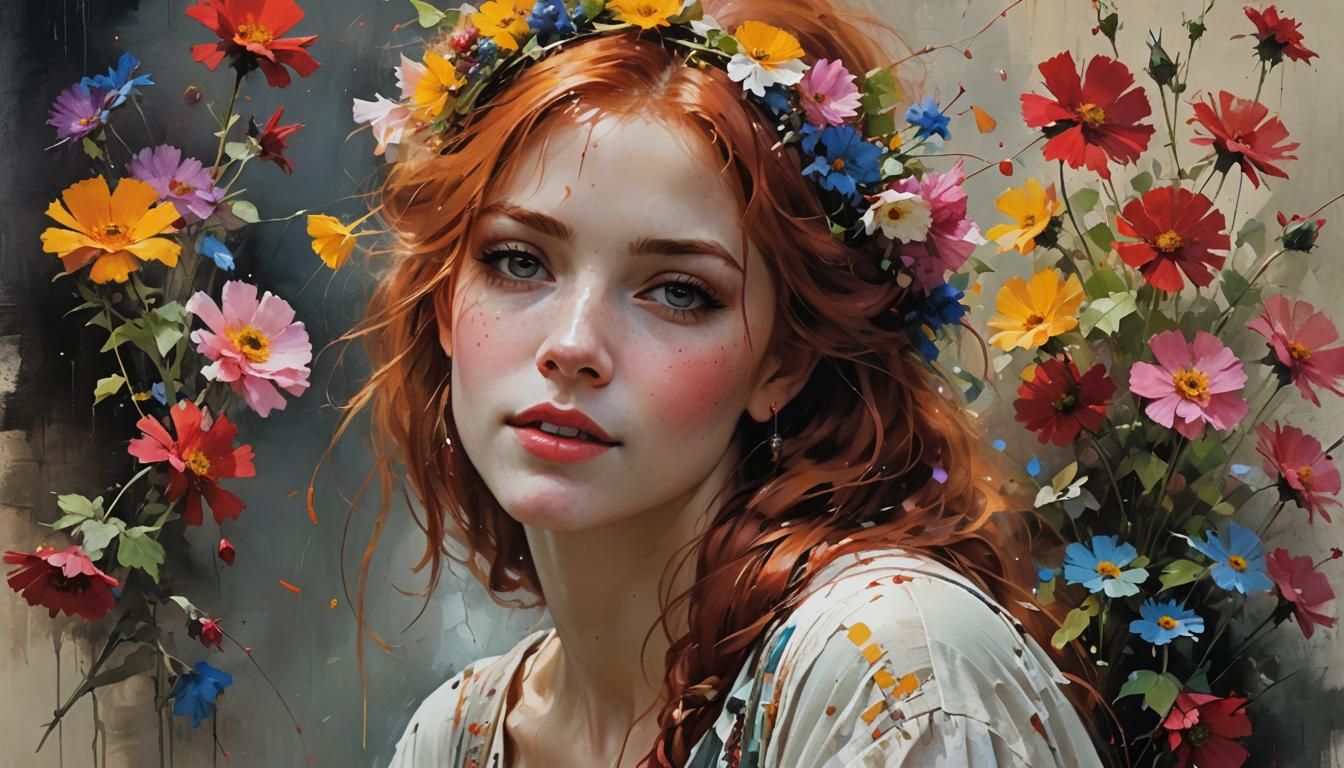 Redhead Among Flowers: Fantasy Art Portrait