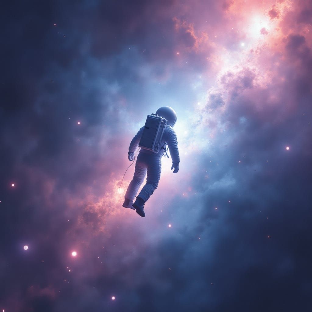 Astronaut Drifting Through Crystal Glass Nebula