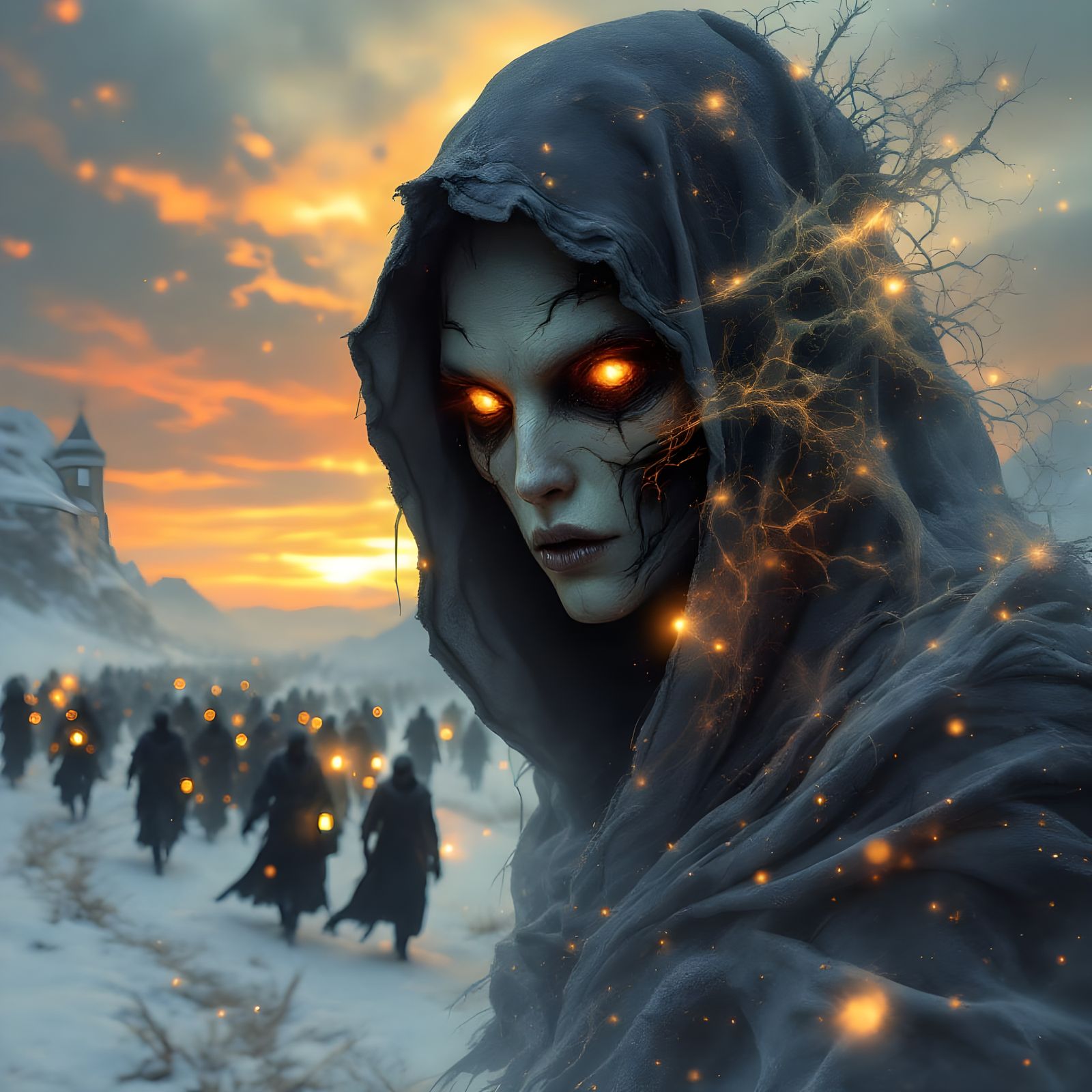 Ethereal Grey Spirit Amidst Undead Soldiers in a Snowy Sunse...